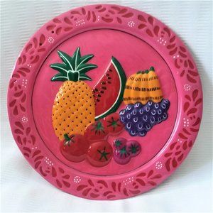 Decorative Wall Plate Fruit VTG Colorful Terracotta Clay Hand Painted & Glazed